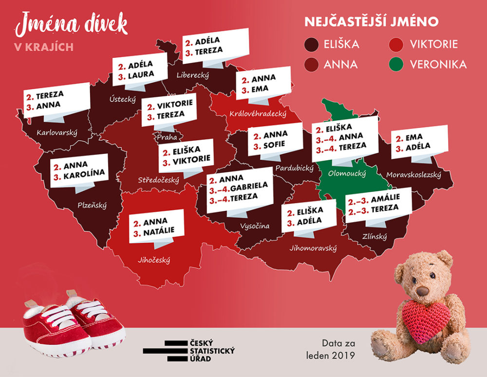Nejoblíbenější jména v jednotlivých krajích ČR
